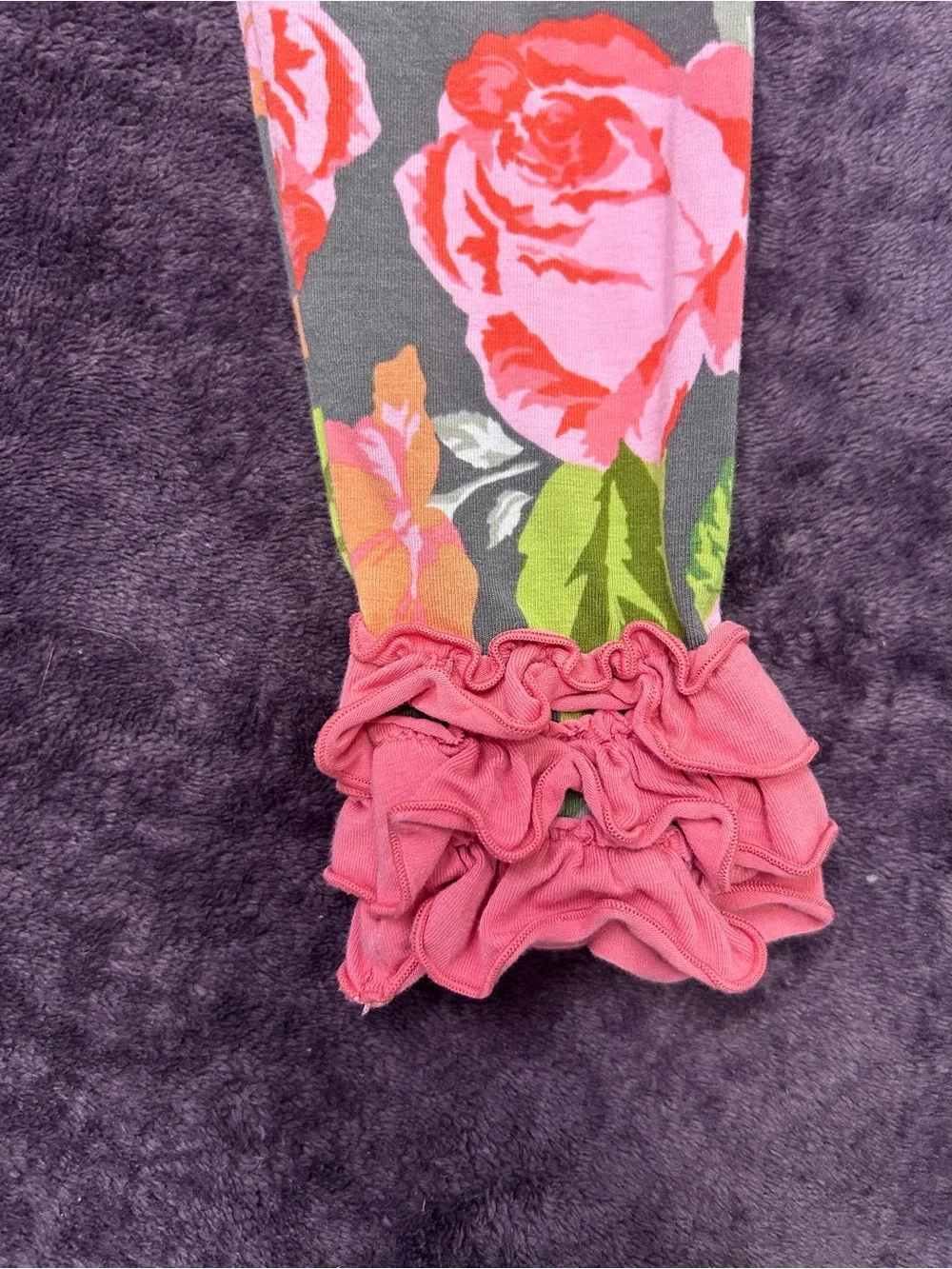Matilda Jane Gray Leggings with Pink & Green Floral Print and Pink Ruffle Cuffs